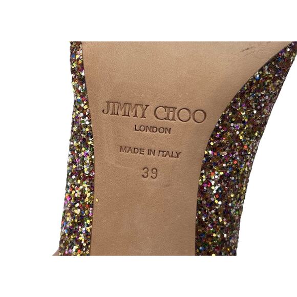 JIMMY CHOO Evelyn Multicolor Glitter Peep Toe Gold Heels Shoes Size 39 US 9 - Picture 10 of 10